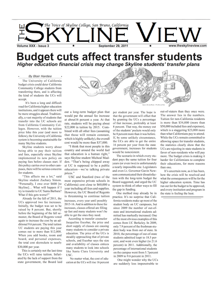 Front-page news article, The Skyline View September 2011
