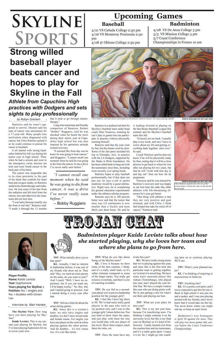 Designed layout as the sports editor at The Skyline View.