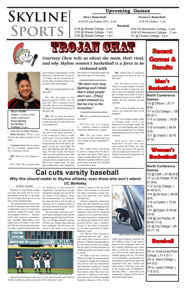 Page I designed as sports editor of The Skyline View, Spring 2011