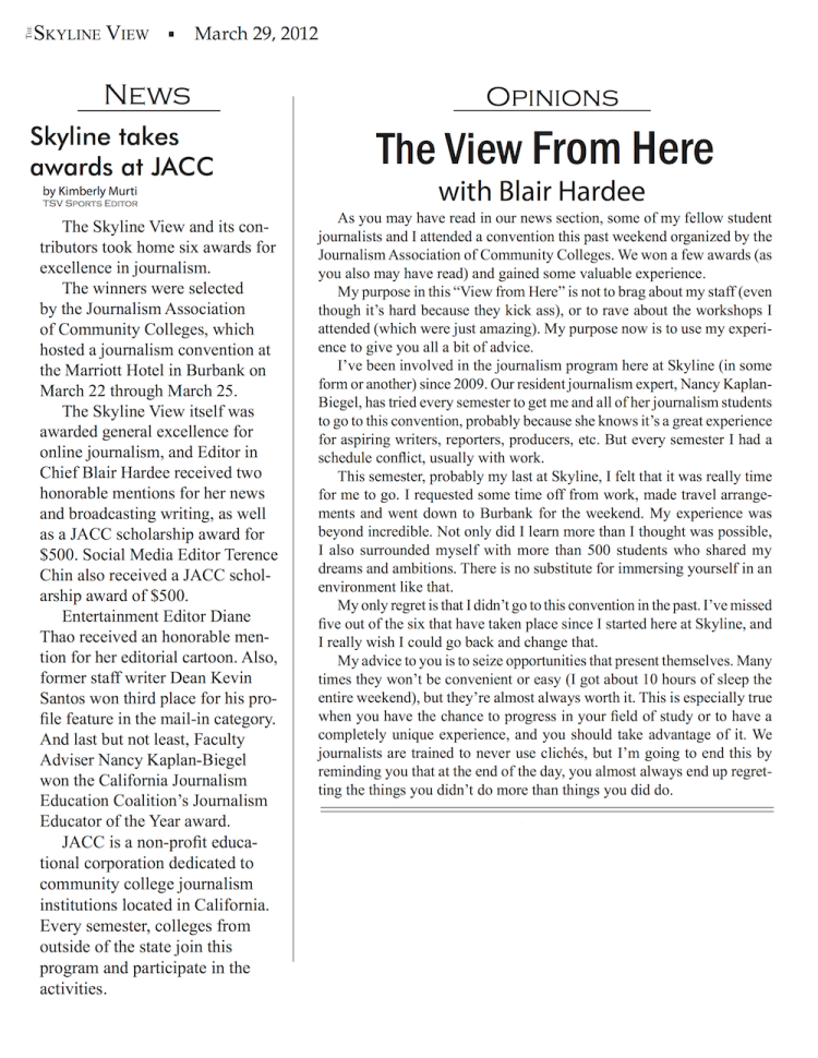 News article listing awards received by the paper and staff members at the Journalism Association of Community College's statewide convention.